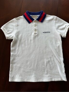 Gucci White Polo with Navy & Red Trim Collar - Kids
